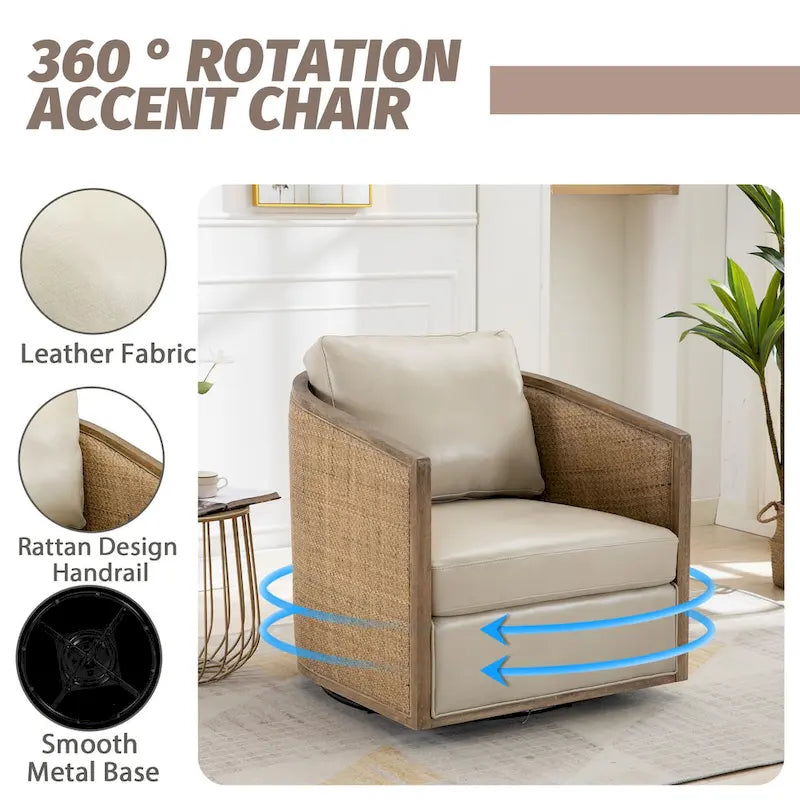 Fauteuil club rond pivotant à 360 degrés en tissu bouclette et cuir