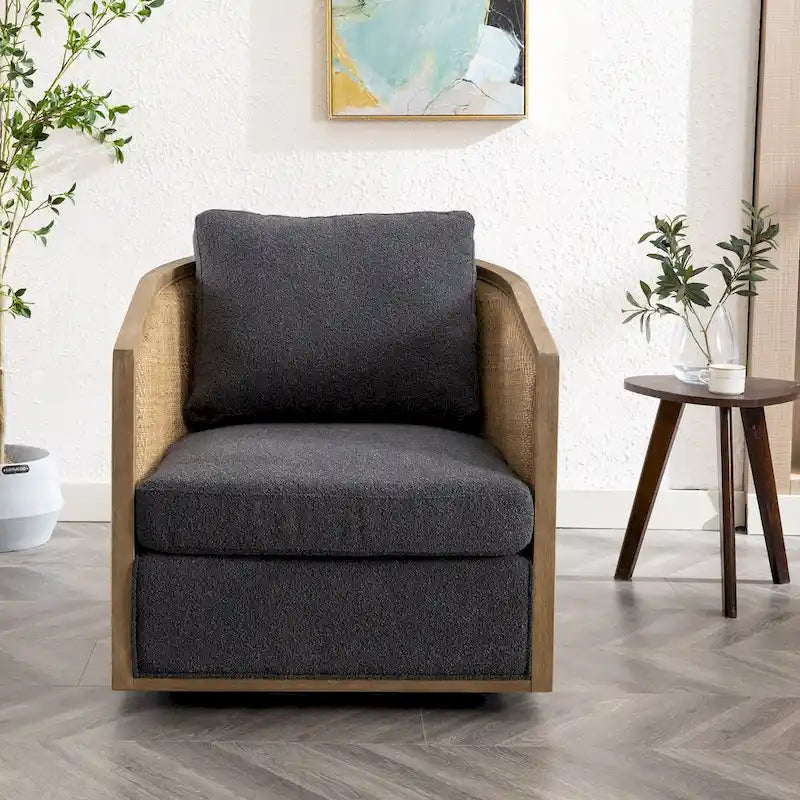Fauteuil club rond pivotant à 360 degrés en tissu bouclette et cuir