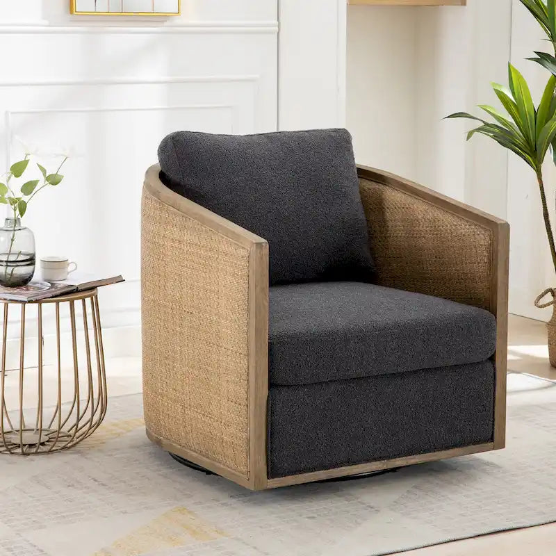 Fauteuil club rond pivotant à 360 degrés en tissu bouclette et cuir