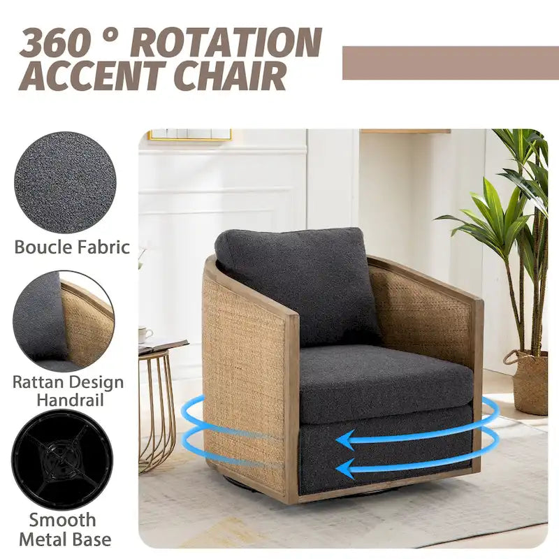 Fauteuil club rond pivotant à 360 degrés en tissu bouclette et cuir