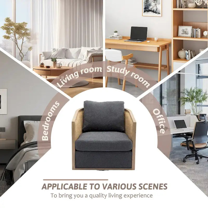 Fauteuil club rond pivotant à 360 degrés en tissu bouclette et cuir