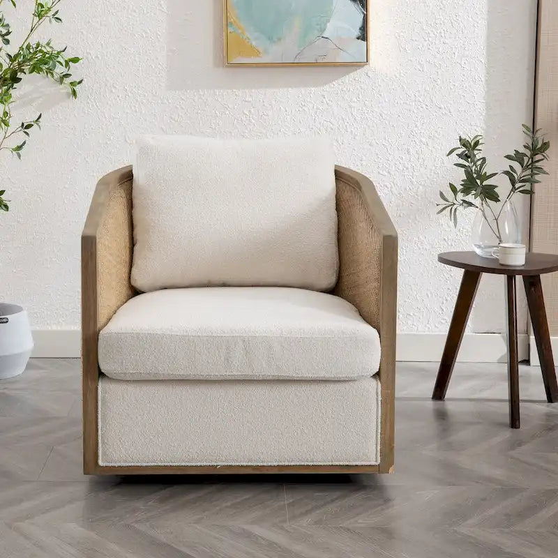 Fauteuil club rond pivotant à 360 degrés en tissu bouclette et cuir