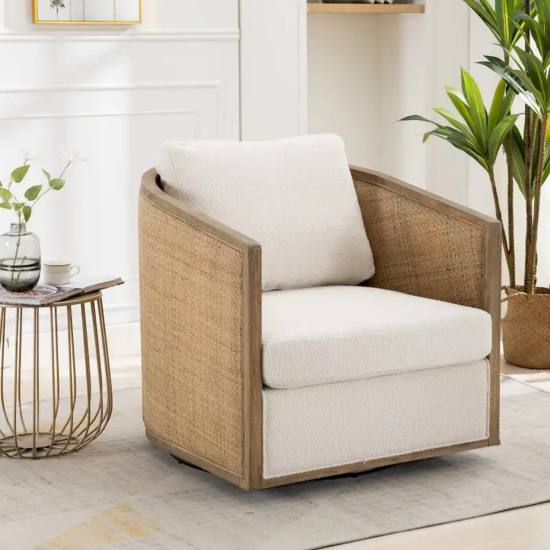 Fauteuil club rond pivotant à 360 degrés en tissu bouclette et cuir