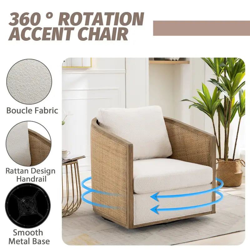 Fauteuil club rond pivotant à 360 degrés en tissu bouclette et cuir