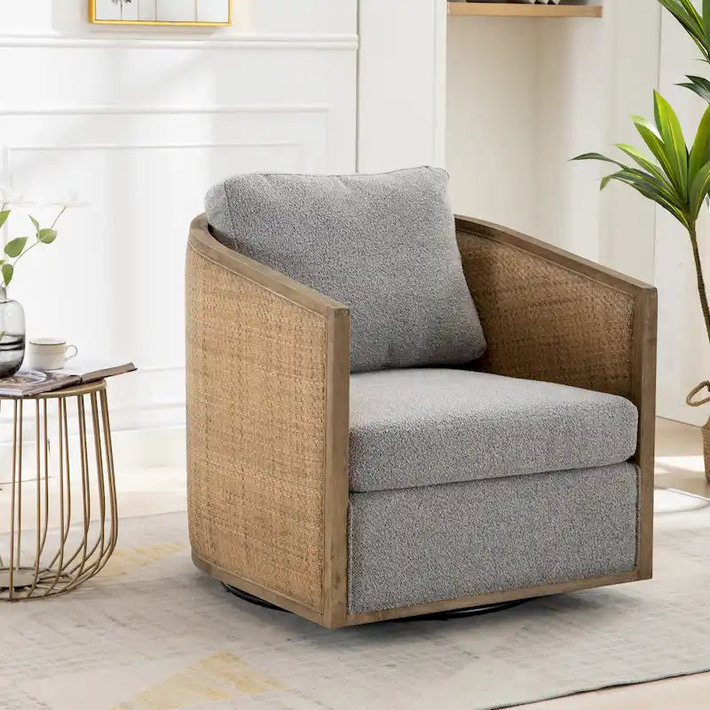 Fauteuil club rond pivotant à 360 degrés en tissu bouclette et cuir