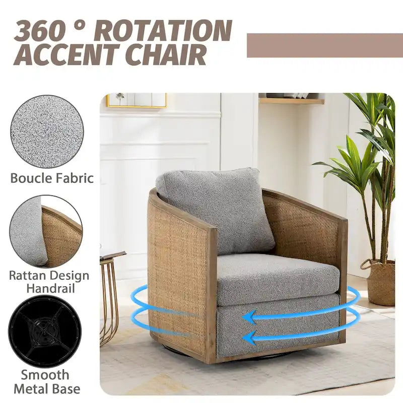 Fauteuil club rond pivotant à 360 degrés en tissu bouclette et cuir