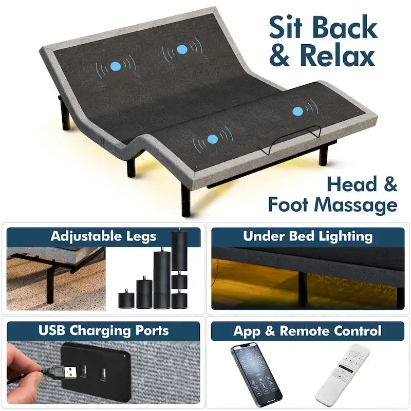 Sommier Réglable Renanim Zero Gravity avec Matelas en Mousse à Mémoire de Forme 12", Double Massage, USB, Éclairage Sous Lit, Télécommande, Contrôle par Application