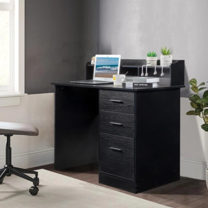 Bureau d'ordinateur en panneau de particules effet bois à trois tiroirs