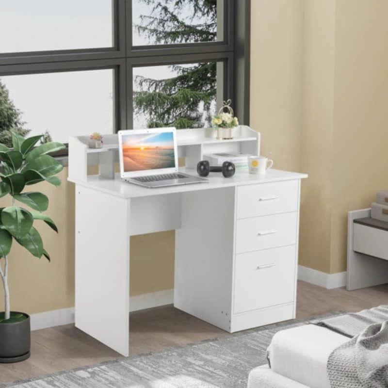 Bureau d'ordinateur en panneau de particules effet bois à trois tiroirs
