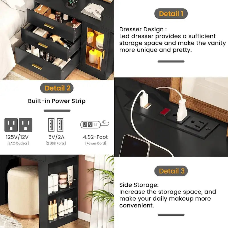Coiffeuse Maquillage Miroir Lumineux LED Commode 5 Tiroirs Meuble