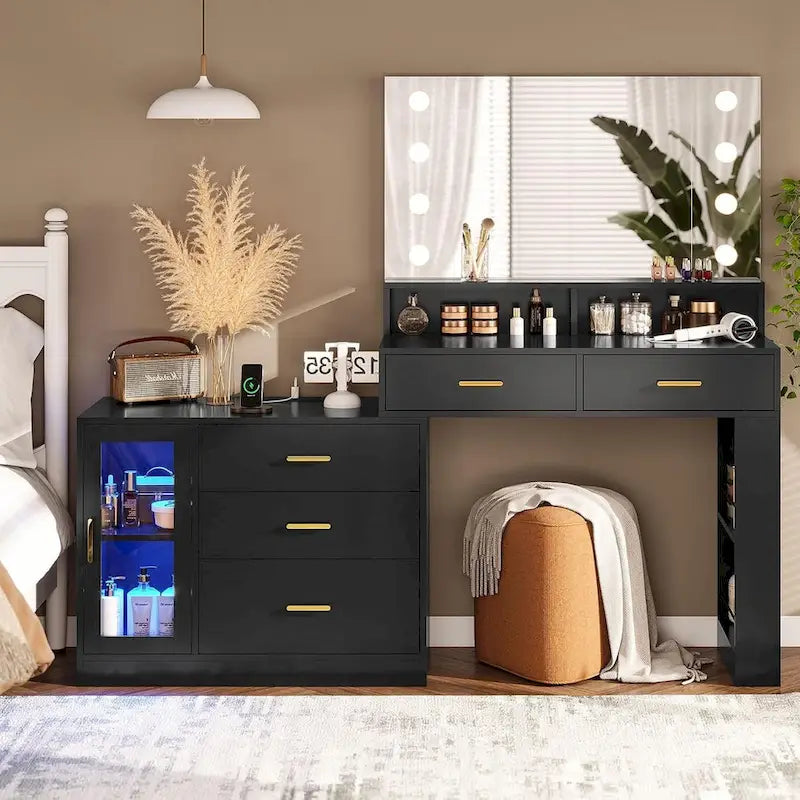 Coiffeuse Maquillage Miroir Lumineux LED Commode 5 Tiroirs Meuble
