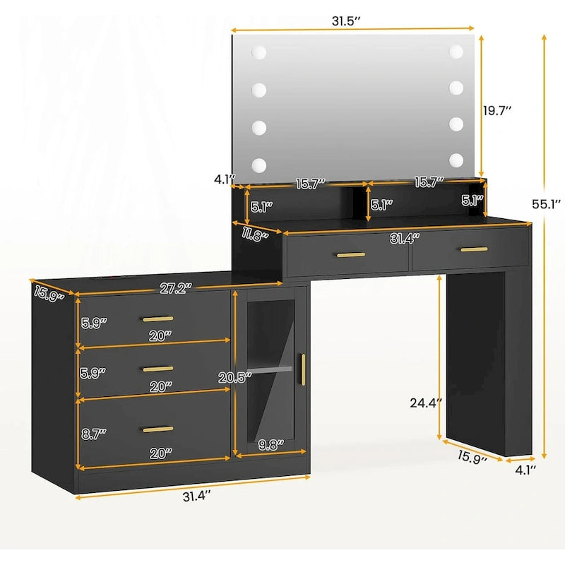 Coiffeuse Maquillage Miroir Lumineux LED Commode 5 Tiroirs Meuble