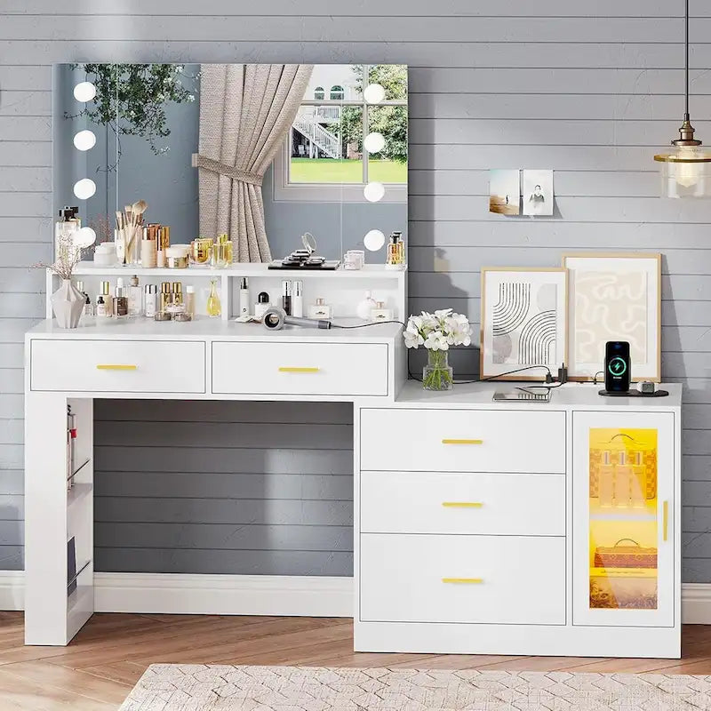 Coiffeuse Maquillage Miroir Lumineux LED Commode 5 Tiroirs Meuble