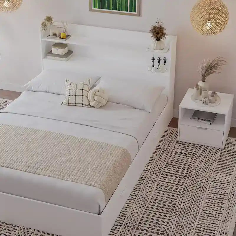 Lit plateforme avec tête de lit et table de chevet à 1 tiroir