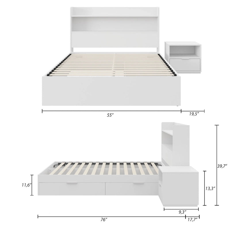 Lit plateforme avec tête de lit et table de chevet à 1 tiroir