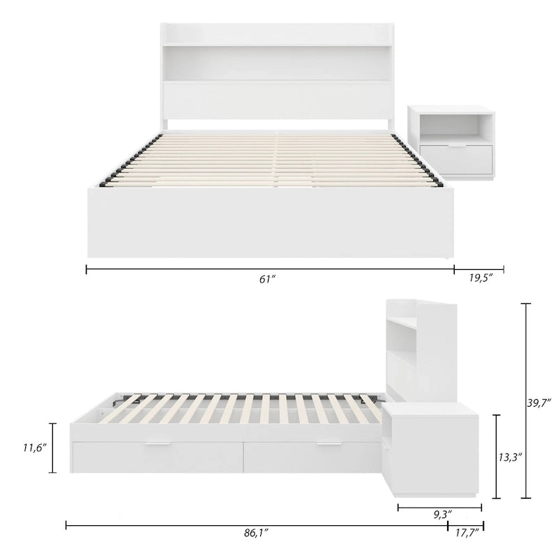 Lit plateforme avec tête de lit et table de chevet à 1 tiroir