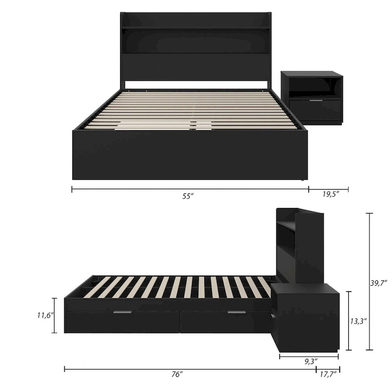 Lit plateforme avec tête de lit et table de chevet à 1 tiroir