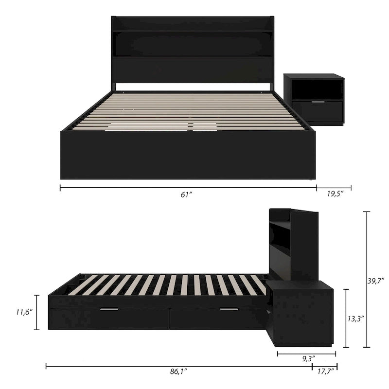 Lit plateforme avec tête de lit et table de chevet à 1 tiroir