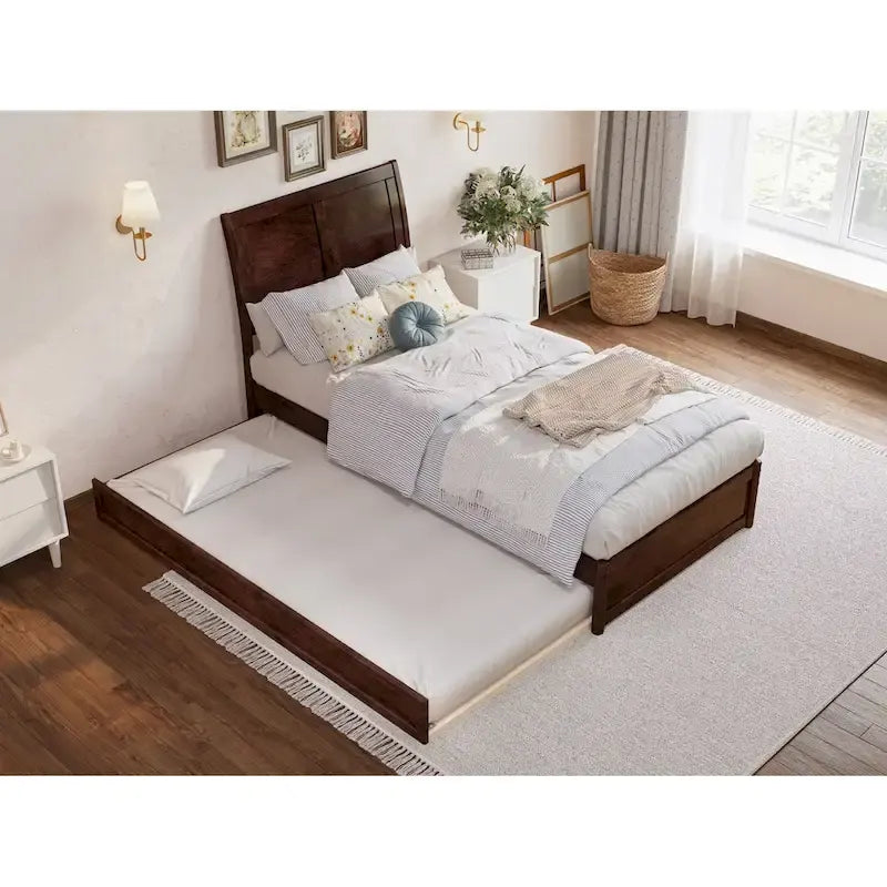 Lit plateforme Andorra avec pied de lit à panneau et lit gigogne double XL