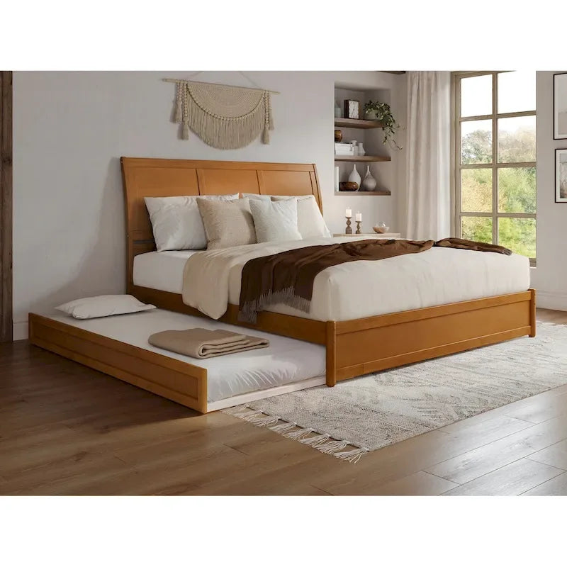 Lit plateforme Andorra avec pied de lit à panneau et lit gigogne double XL