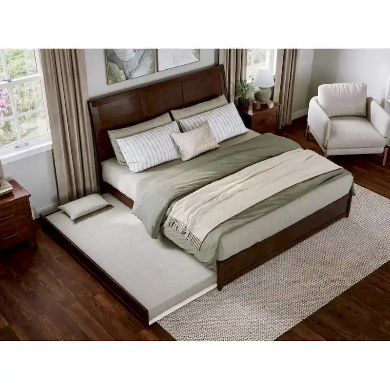 Lit plateforme Andorra avec pied de lit à panneau et lit gigogne double XL