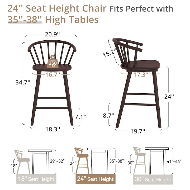 Tabourets de bar hauteur comptoir 61 cm avec cadre en bois massif et dossier à fuseaux pour îlot de cuisine