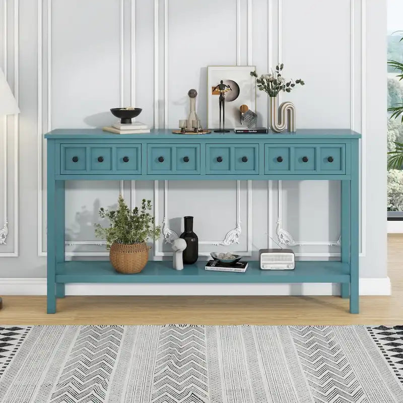 Console de d'entrée rustique, table de canapé de 152 cm de long avec deux tiroirs de tailles différentes et étagère inférieure pour le rangement