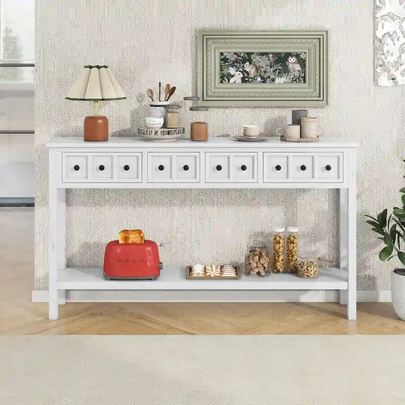 Console de d'entrée rustique, table de canapé de 152 cm de long avec deux tiroirs de tailles différentes et étagère inférieure pour le rangement