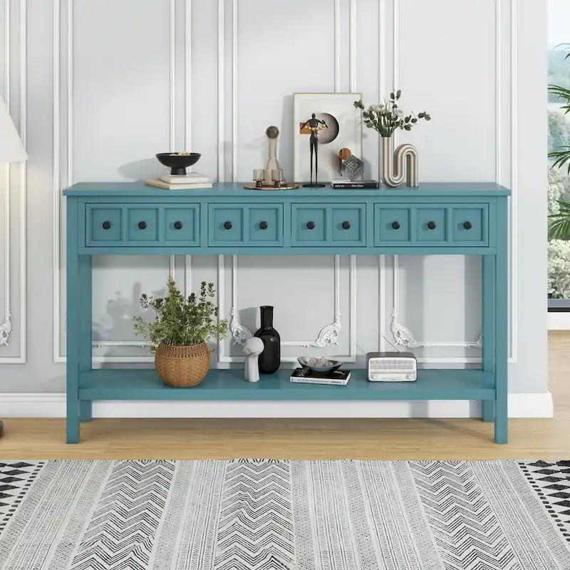 Console de d'entrée rustique, table de canapé de 152 cm de long avec deux tiroirs de tailles différentes et étagère inférieure pour le rangement