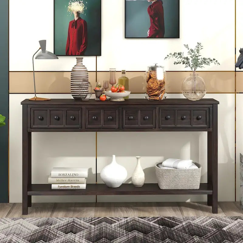 Console de d'entrée rustique, table de canapé de 152 cm de long avec deux tiroirs de tailles différentes et étagère inférieure pour le rangement