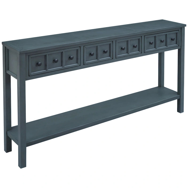 Console de d'entrée rustique, table de canapé de 152 cm de long avec deux tiroirs de tailles différentes et étagère inférieure pour le rangement