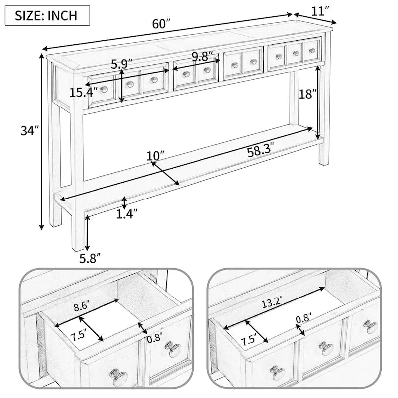 Console de d'entrée rustique, table de canapé de 152 cm de long avec deux tiroirs de tailles différentes et étagère inférieure pour le rangement
