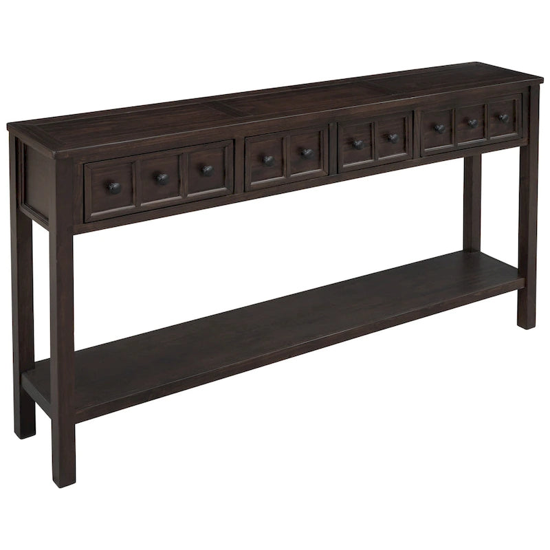 Console de d'entrée rustique, table de canapé de 152 cm de long avec deux tiroirs de tailles différentes et étagère inférieure pour le rangement