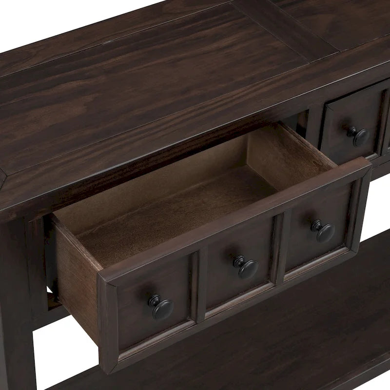 Console de d'entrée rustique, table de canapé de 152 cm de long avec deux tiroirs de tailles différentes et étagère inférieure pour le rangement