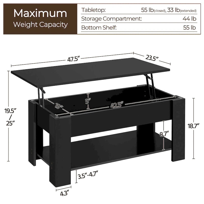 Table basse relevable de 47,5 pouces avec compartiment caché et étagère ouverte