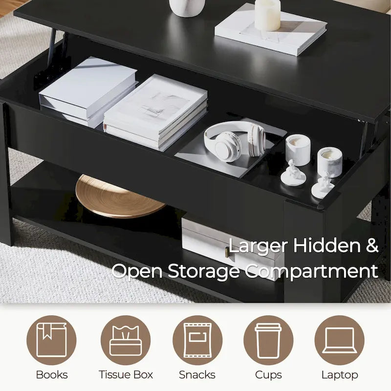Table basse relevable de 47,5 pouces avec compartiment caché et étagère ouverte