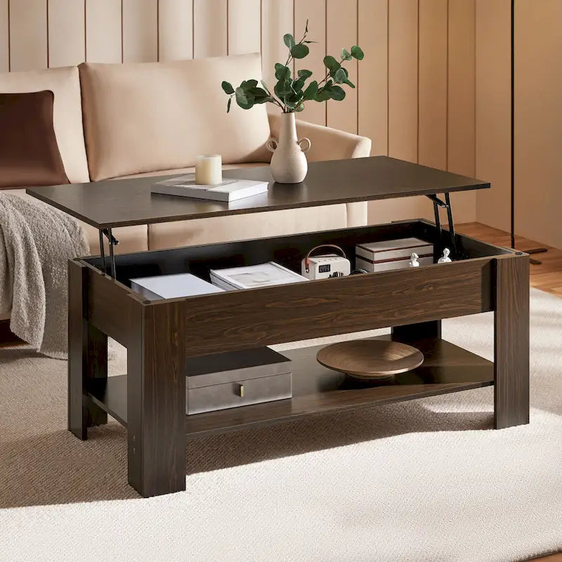 Table basse relevable de 47,5 pouces avec compartiment caché et étagère ouverte