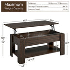 Table basse relevable de 47,5 pouces avec compartiment caché et étagère ouverte