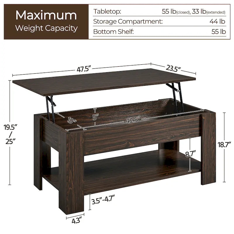 Table basse relevable de 47,5 pouces avec compartiment caché et étagère ouverte