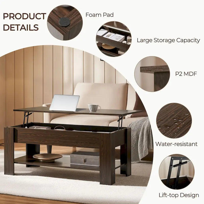 Table basse relevable de 47,5 pouces avec compartiment caché et étagère ouverte