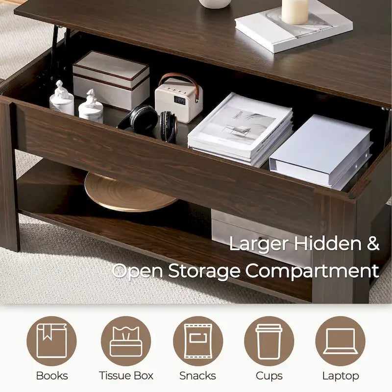 Table basse relevable de 47,5 pouces avec compartiment caché et étagère ouverte
