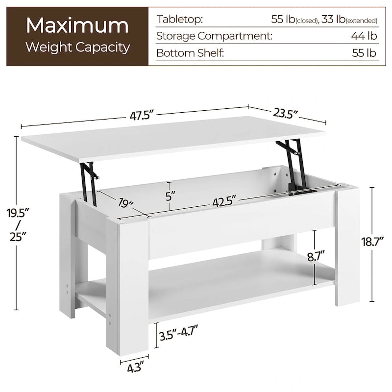 Table basse relevable de 47,5 pouces avec compartiment caché et étagère ouverte