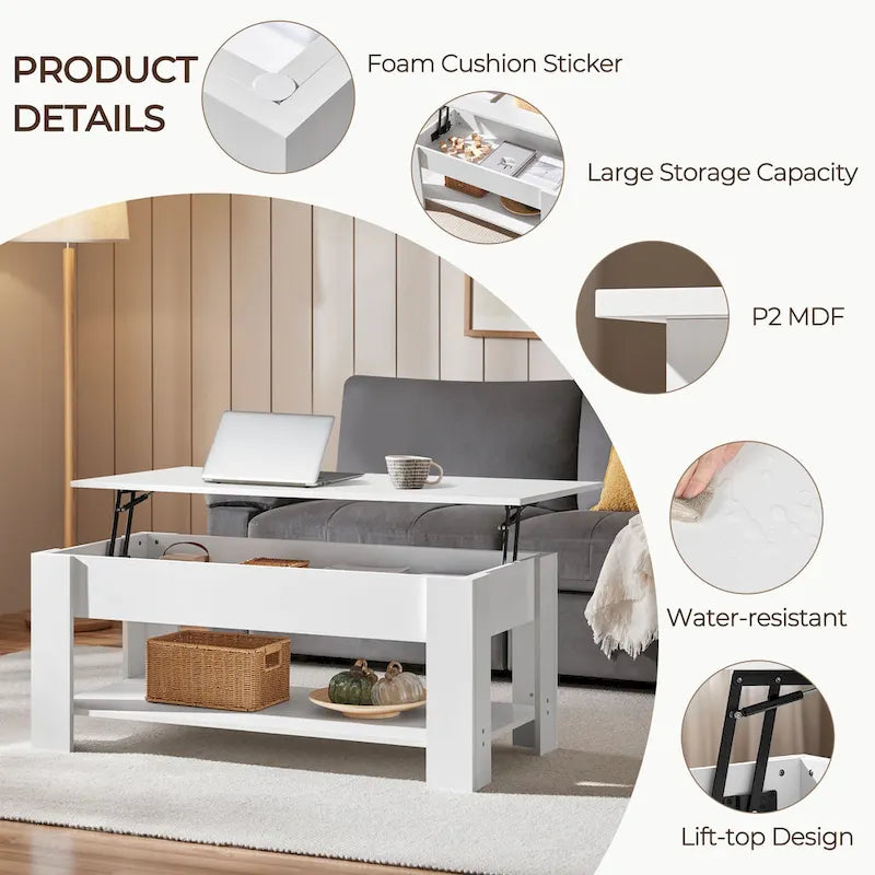 Table basse relevable de 47,5 pouces avec compartiment caché et étagère ouverte