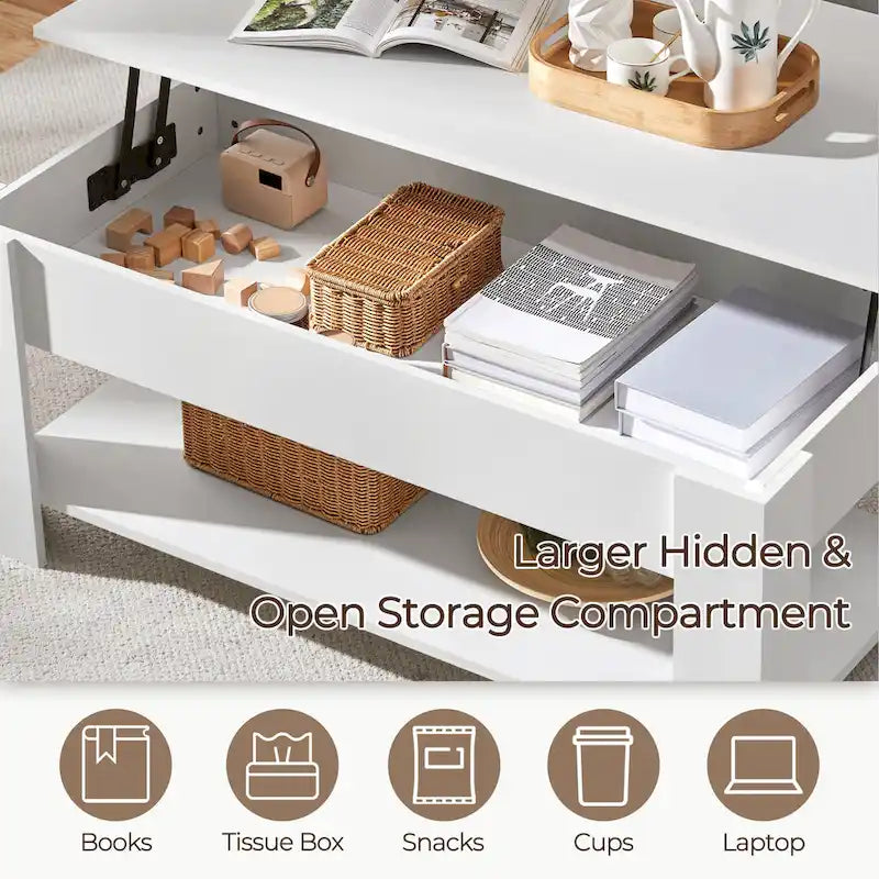 Table basse relevable de 47,5 pouces avec compartiment caché et étagère ouverte