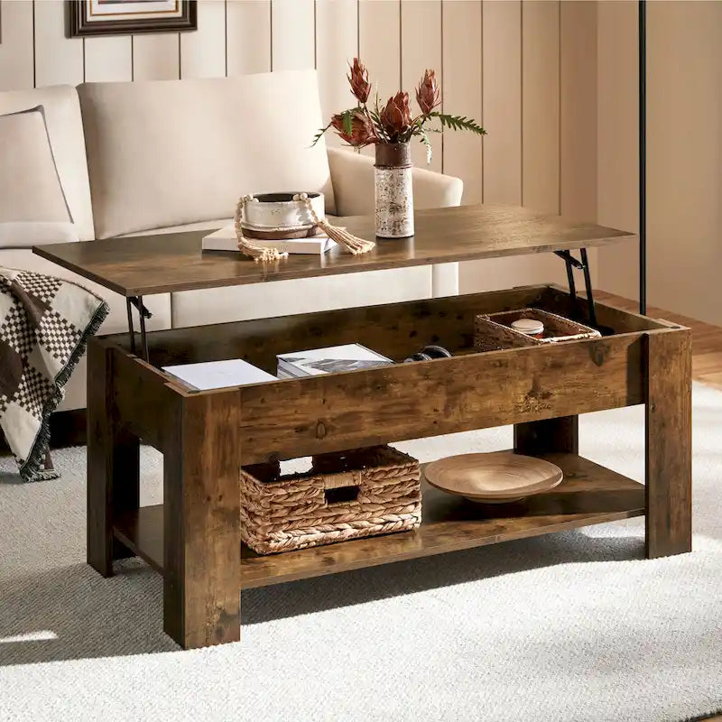 Table basse relevable de 47,5 pouces avec compartiment caché et étagère ouverte