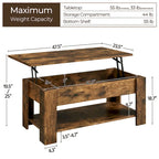Table basse relevable de 47,5 pouces avec compartiment caché et étagère ouverte
