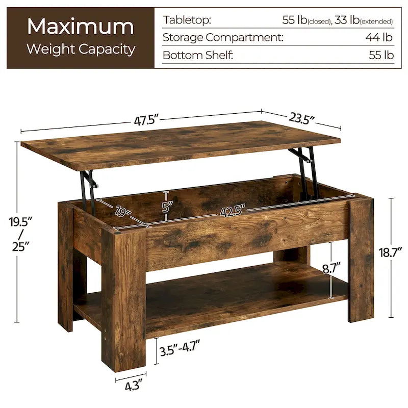 Table basse relevable de 47,5 pouces avec compartiment caché et étagère ouverte