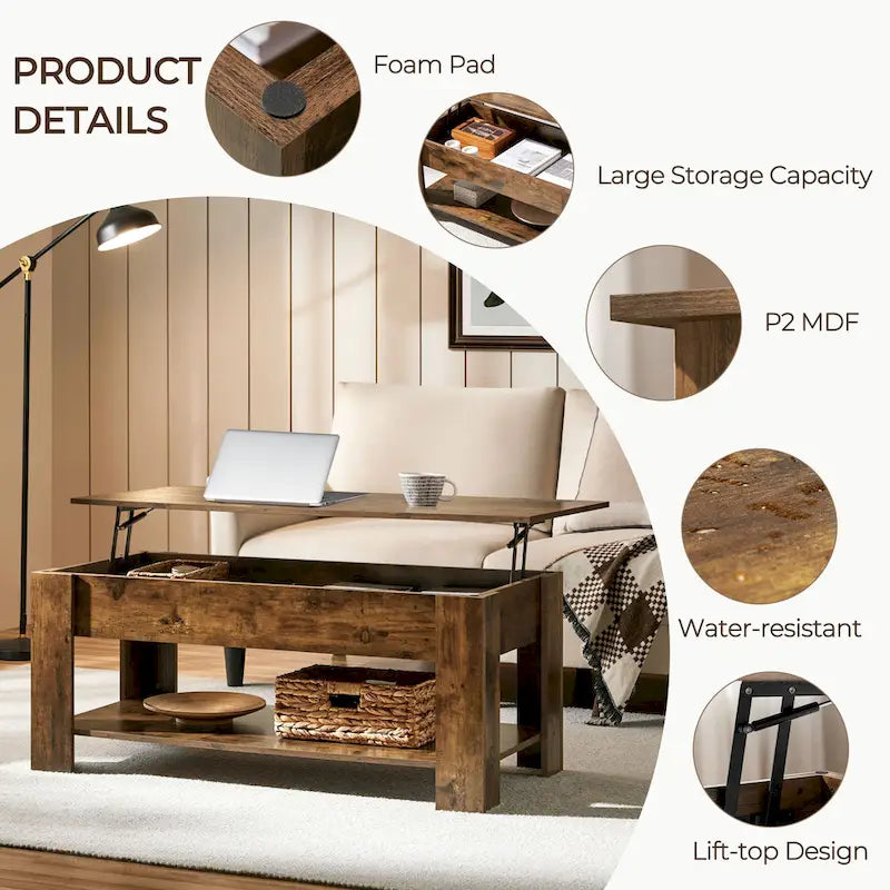 Table basse relevable de 47,5 pouces avec compartiment caché et étagère ouverte