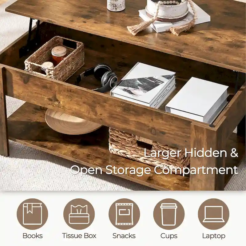 Table basse relevable de 47,5 pouces avec compartiment caché et étagère ouverte