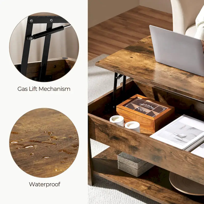 Table basse relevable de 47,5 pouces avec compartiment caché et étagère ouverte